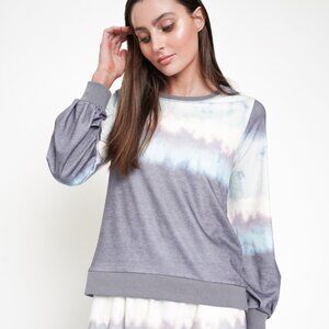 MYSTREE Grey & Blue Tie-Dye Sweatshirt, Long Sleeve Pullover Top